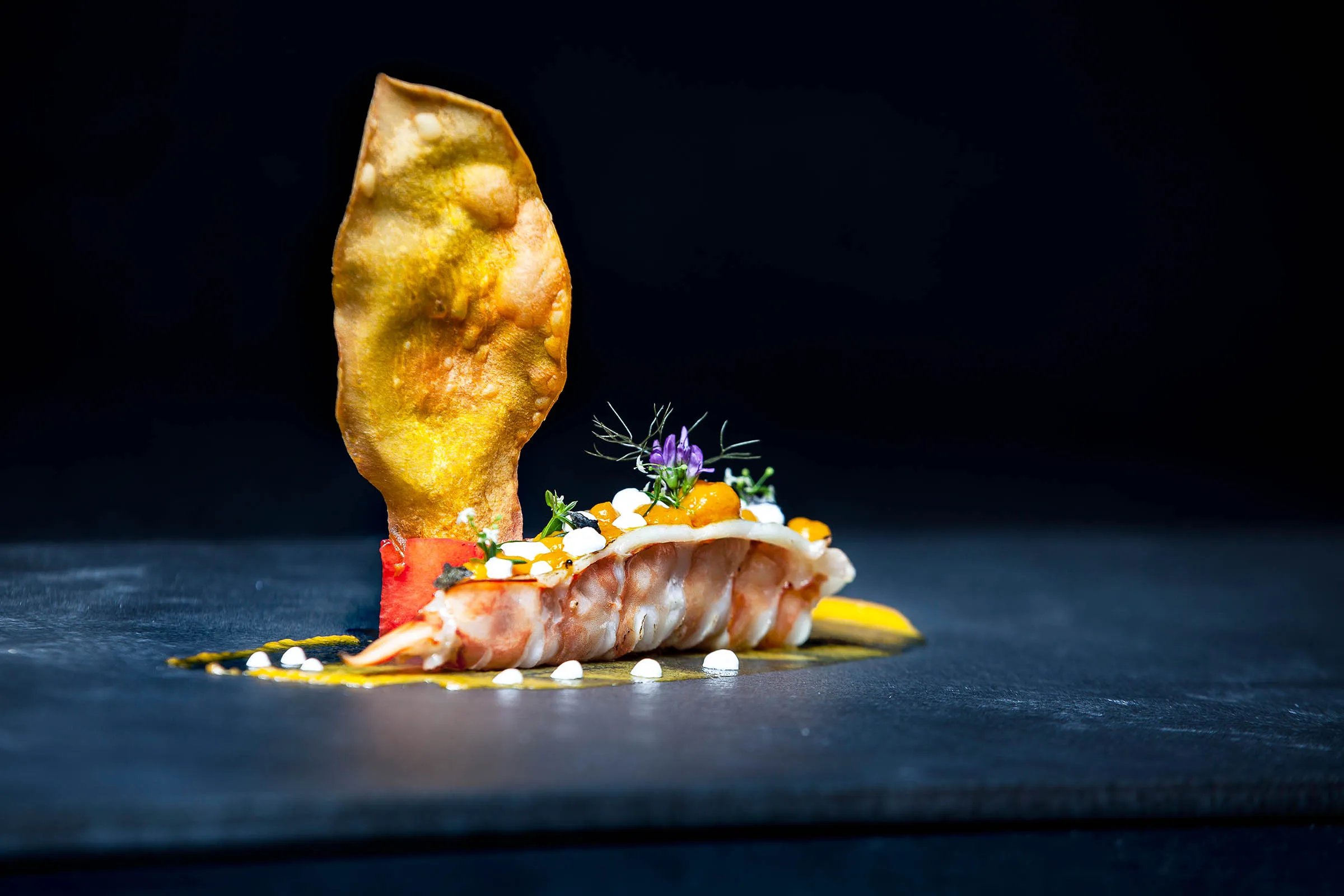 Angerichteter Fine-Dining-Teller mit hoher Knusperspitze vor dunklem Grund