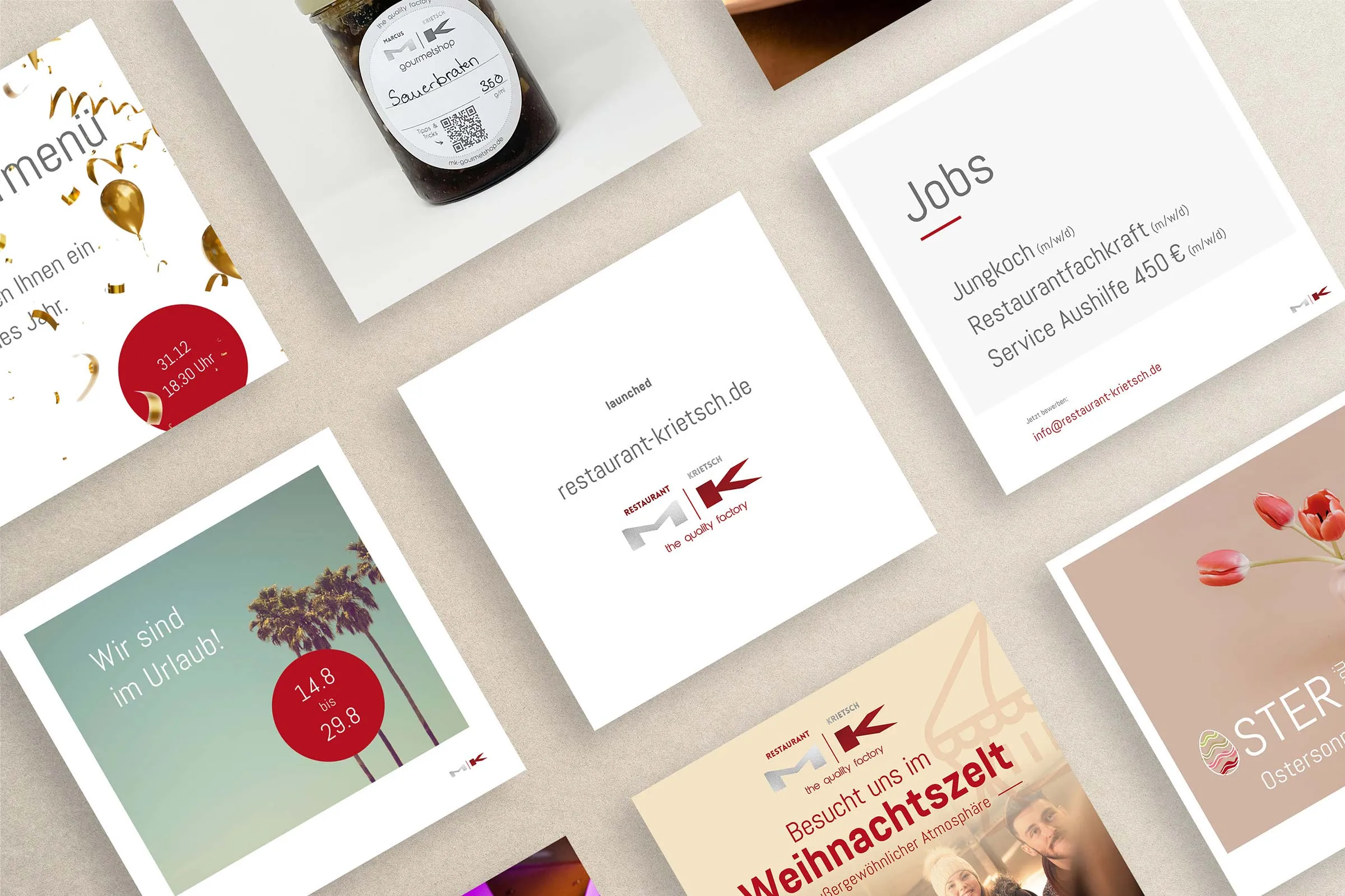 Raster aus Instagram-Beiträgen mit Menü-, Jobs- und Saison-Motiven