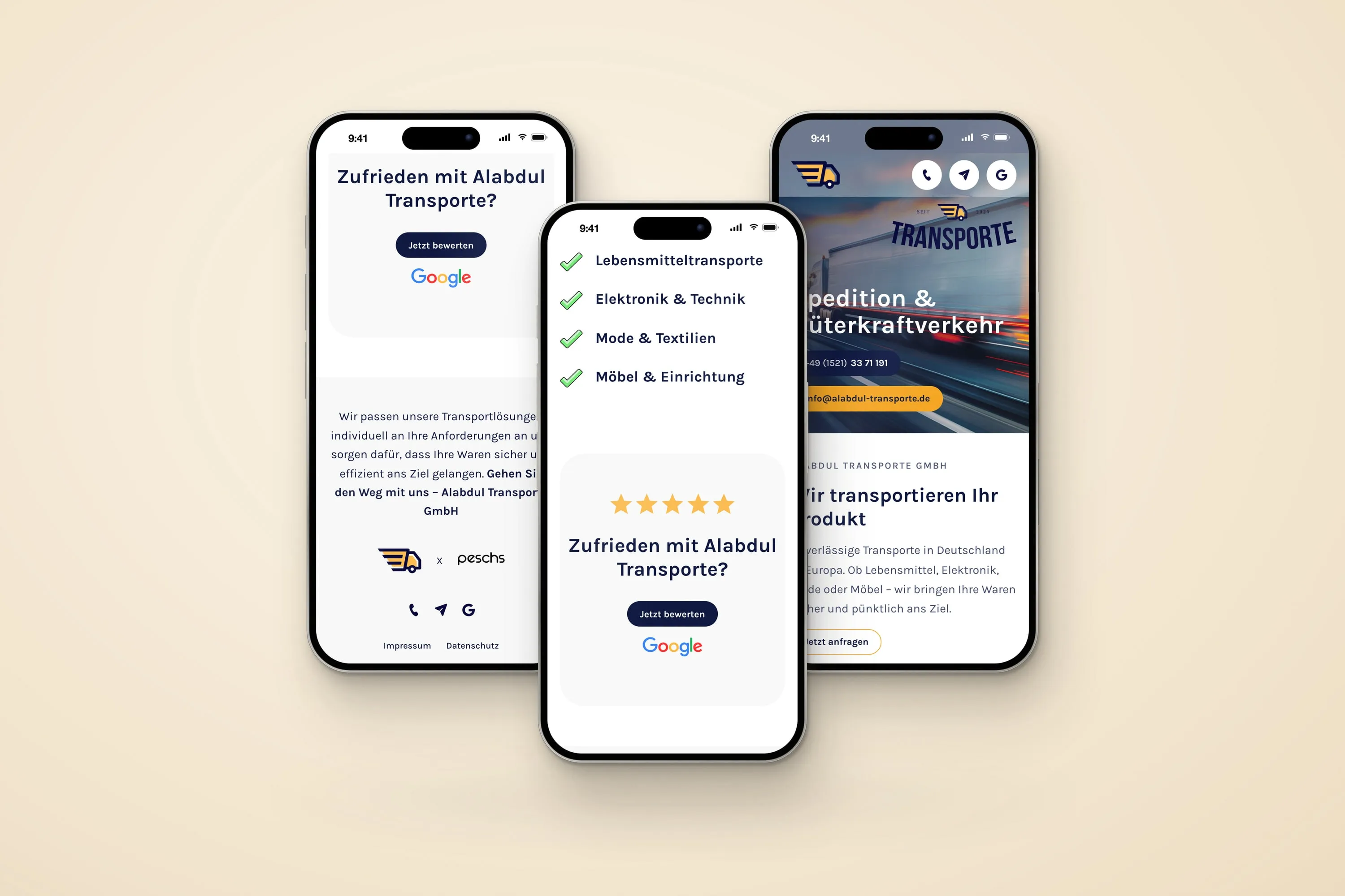 Website von Alabdul Transporte auf drei Handys, vorn die Bitte um eine Google-Bewertung mit fünf Sternen und dem Knopf Jetzt bewerten