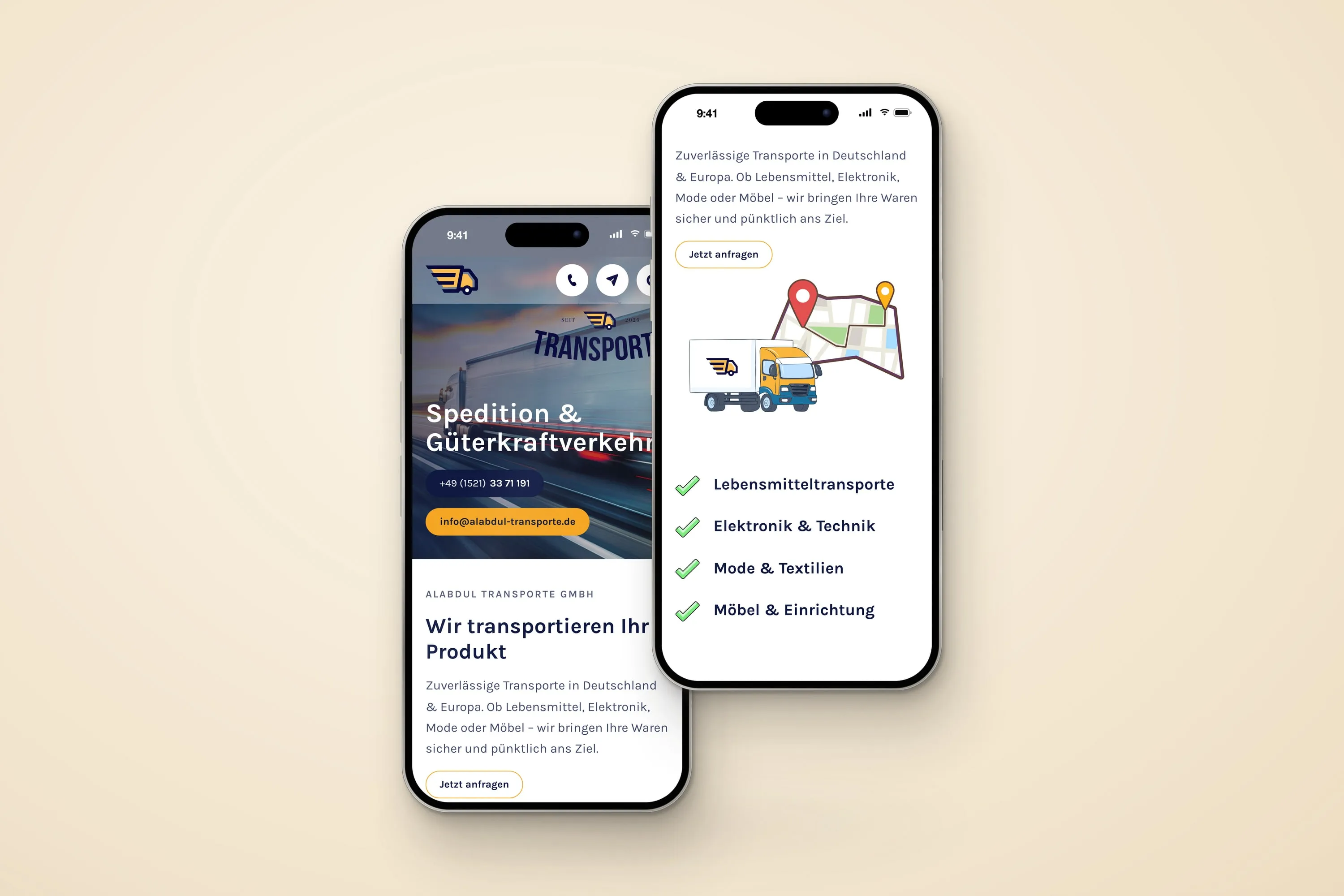 Website von Alabdul Transporte auf zwei Handys: hinten der Einstieg mit Wir transportieren Ihr Produkt, vorn die Warengruppen Lebensmittel, Elektronik, Mode und Möbel mit Haken