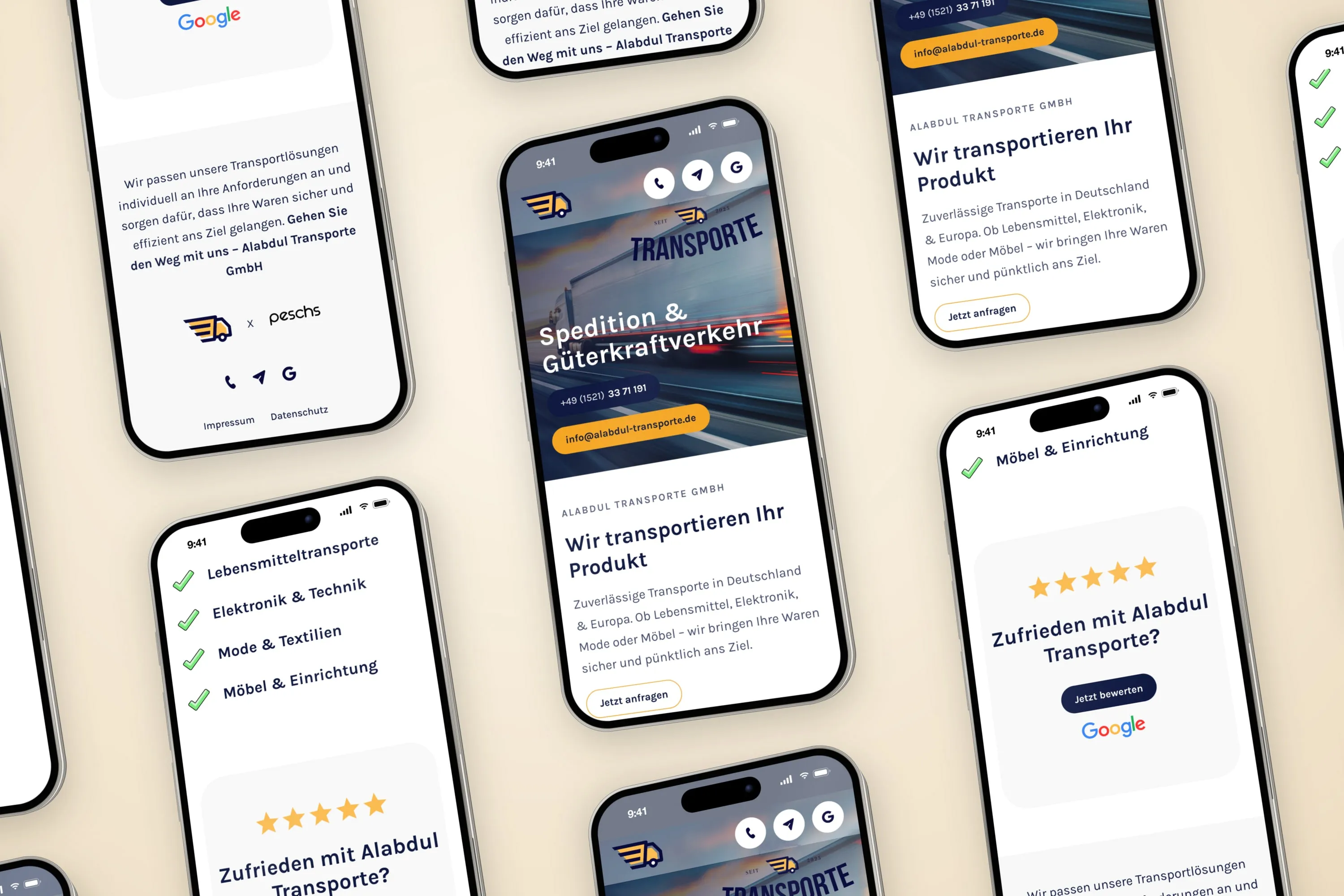 Website von Alabdul Transporte auf mehreren Handys, in der Mitte der Einstieg mit Lkw auf der Autobahn, Telefonnummer und E-Mail, ringsum Warengruppen und Google-Bewertung