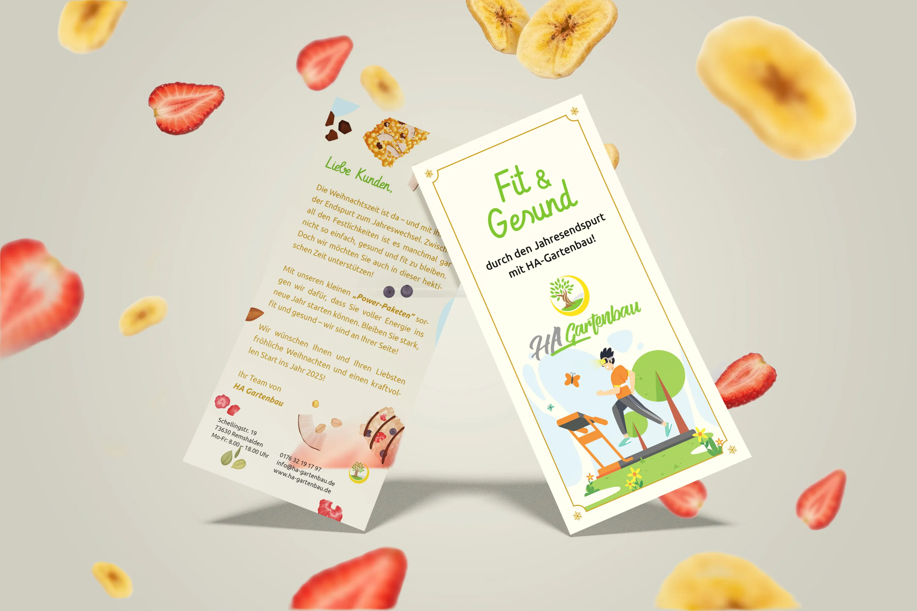 Flyer von HA Gartenbau mit Weihnachtsgruß an Kunden, Vorder- und Rückseite
