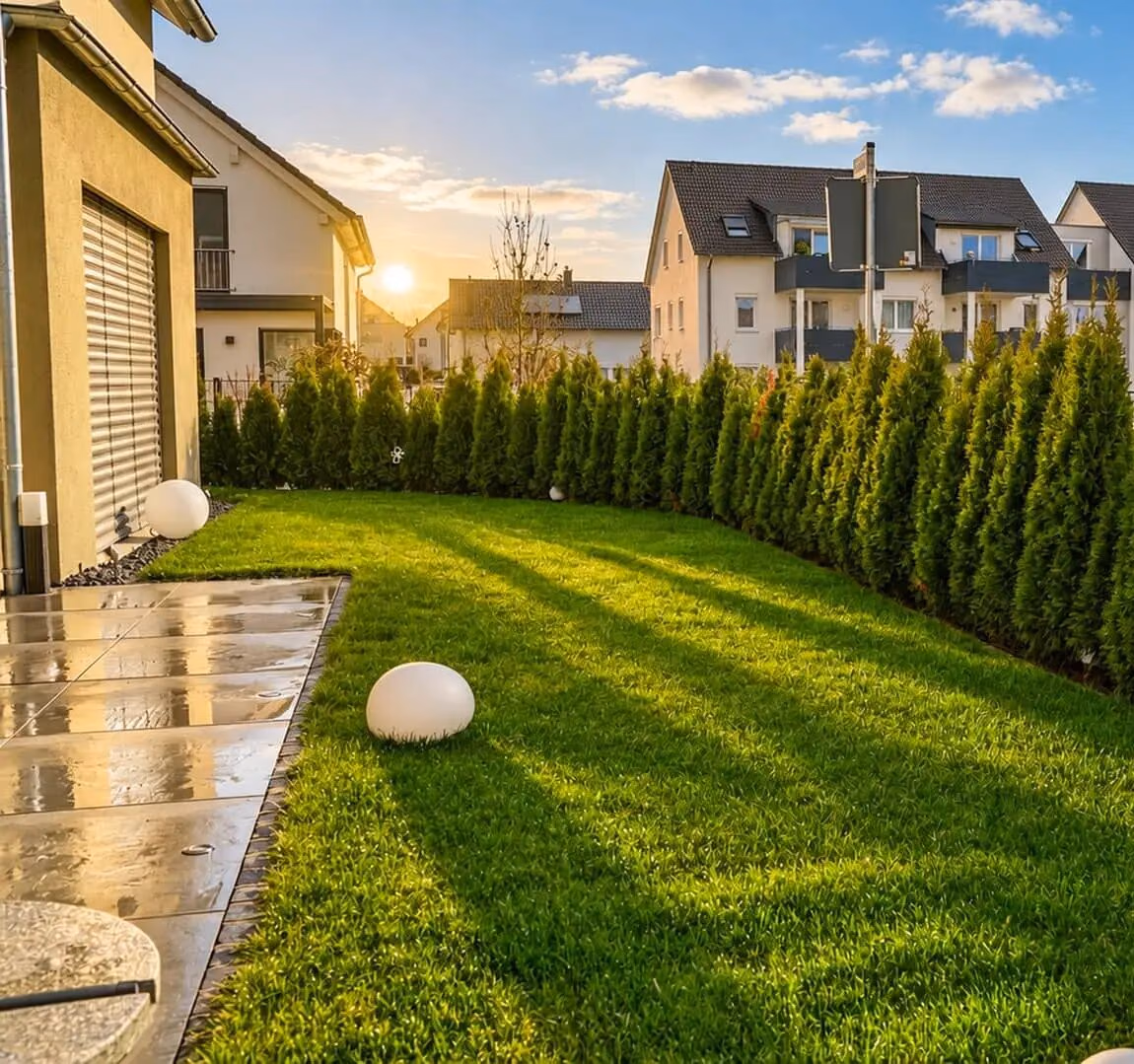 Privatgarten in Benningen von HA Gartenbau: Rasen, Thujahecke und Leuchtkugeln im Abendlicht