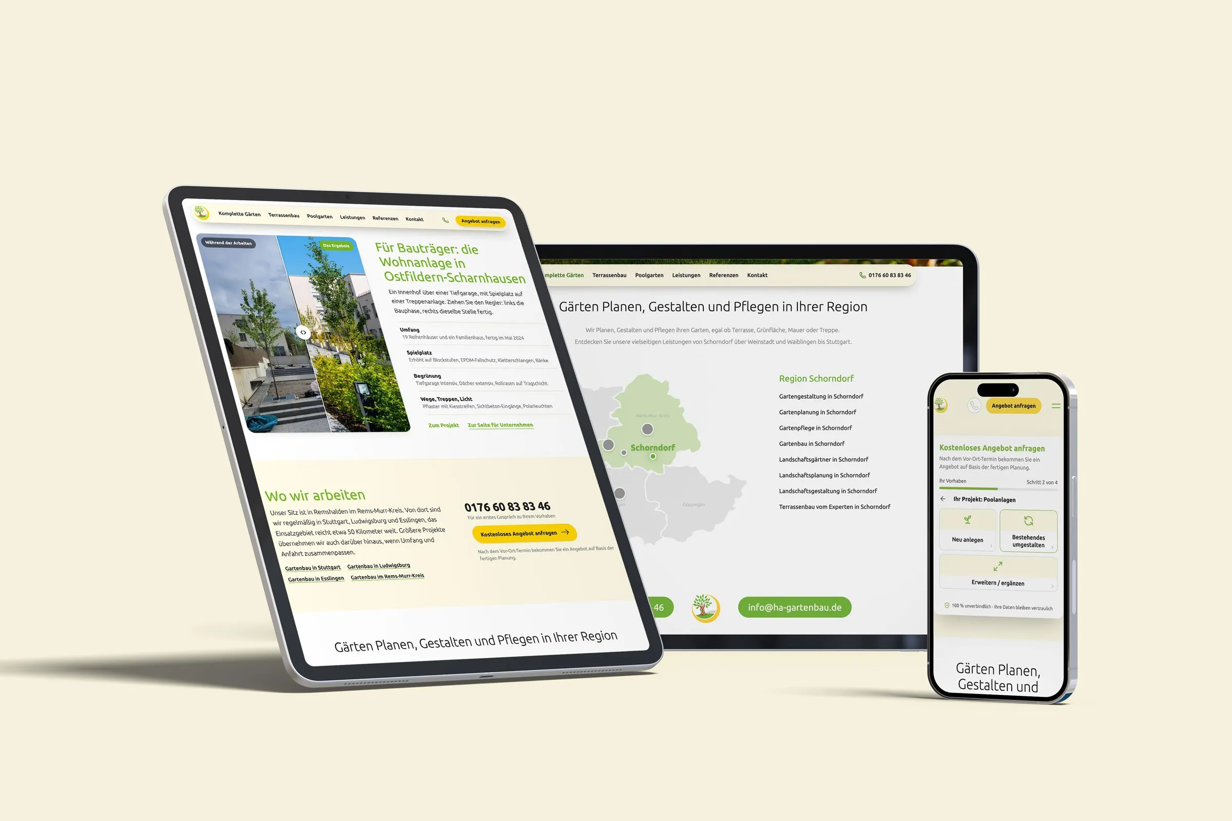 Neue Seiten von HA Gartenbau auf Tablet, Laptop und Handy, mit Karte der Regionen rund um Stuttgart, einer Referenz-Wohnanlage in Ostfildern und dem Anfrageformular