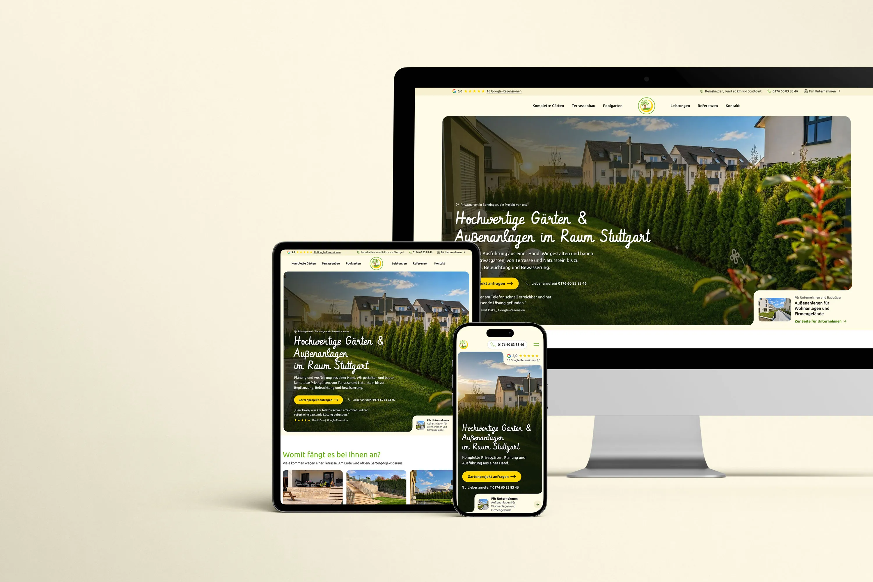 Website von HA Gartenbau auf Bildschirm, Tablet und Handy, Startseite mit Garten in Benningen und dem Titel Hochwertige Gärten und Außenanlagen im Raum Stuttgart