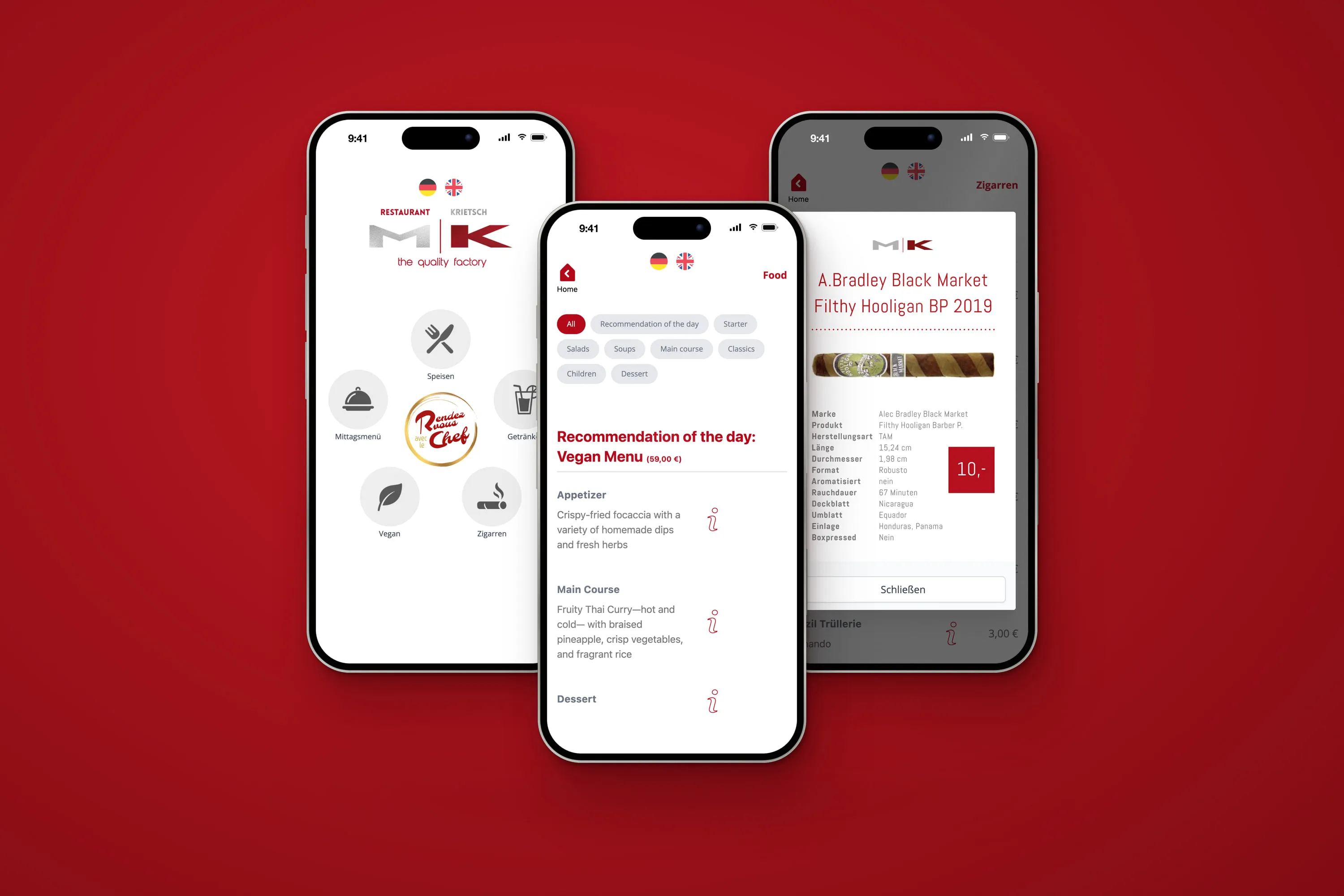 Drei Smartphones mit der Speisekarte von Restaurant Krietsch, links die Startseite mit Speisen, Getränken und Zigarren, in der Mitte die Speisen auf Englisch, rechts die Detailansicht einer Zigarre mit Rauchdauer und Preis