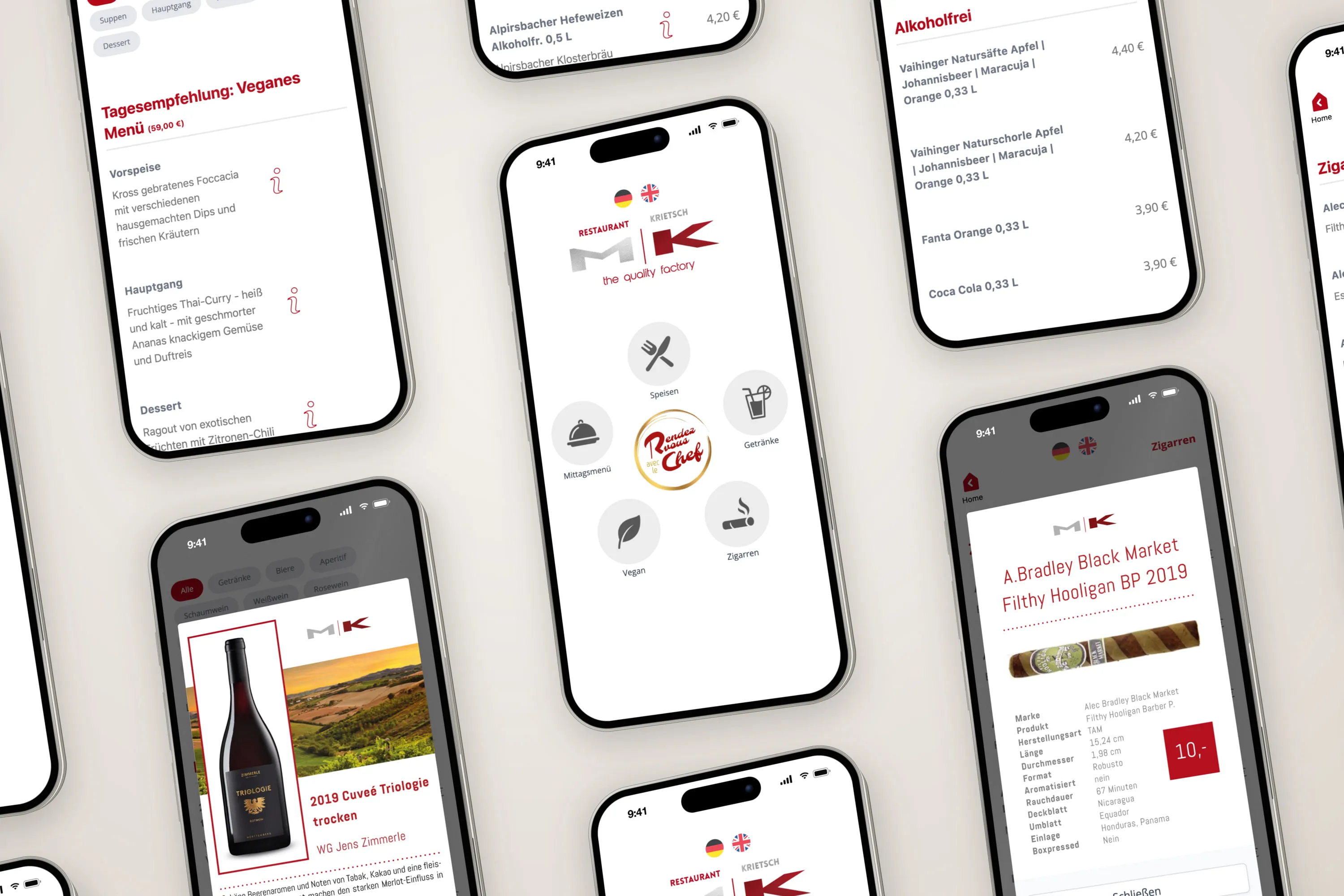 Raster aus Smartphones mit Ansichten der Speisekarte von Restaurant Krietsch, darunter Tagesempfehlung, Getränke mit Preisen, Weindetail und Zigarrenkarte