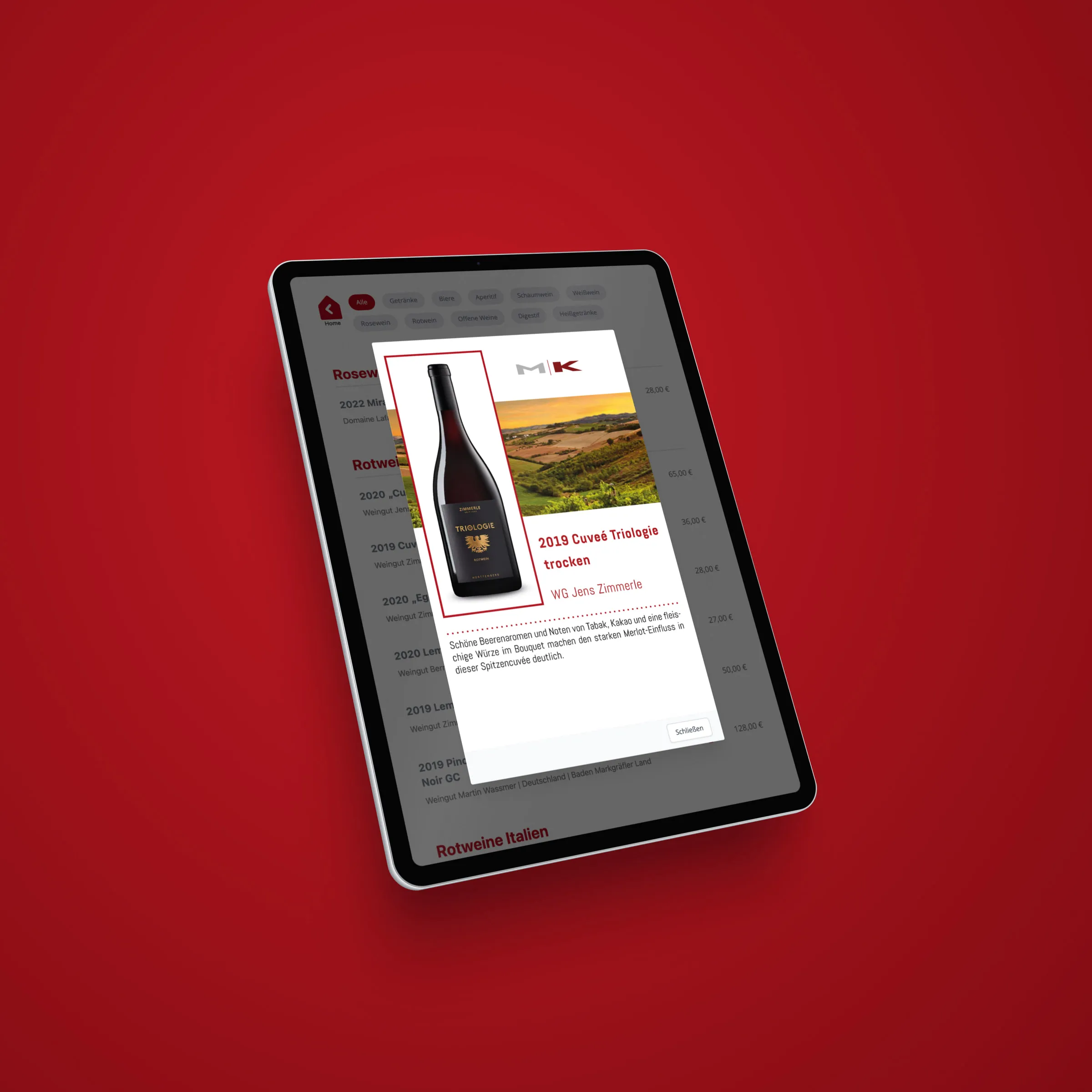 Tablet mit der Weinkarte von Restaurant Krietsch, geöffnet ist die Detailansicht der Cuvée Triologie vom Weingut Jens Zimmerle mit Flasche und Beschreibung