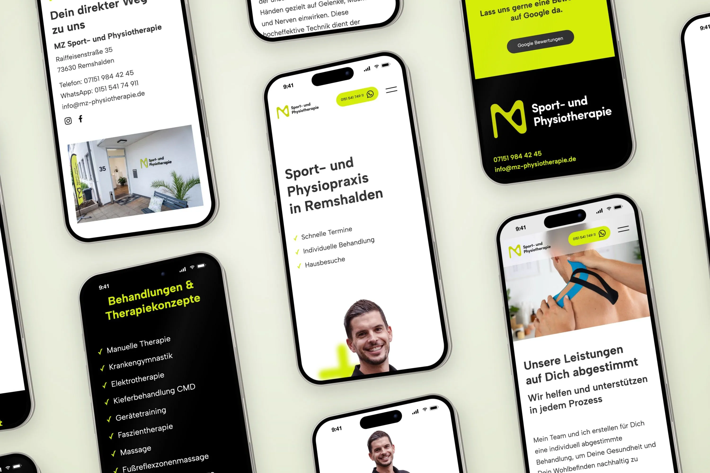 Neun Handys mit Seiten der MZ-Website, darunter Startseite, Leistungen mit Kinesio-Tape, die Liste der Behandlungen, der Weg zur Praxis mit Adresse und Eingang sowie die Bitte um eine Google-Bewertung