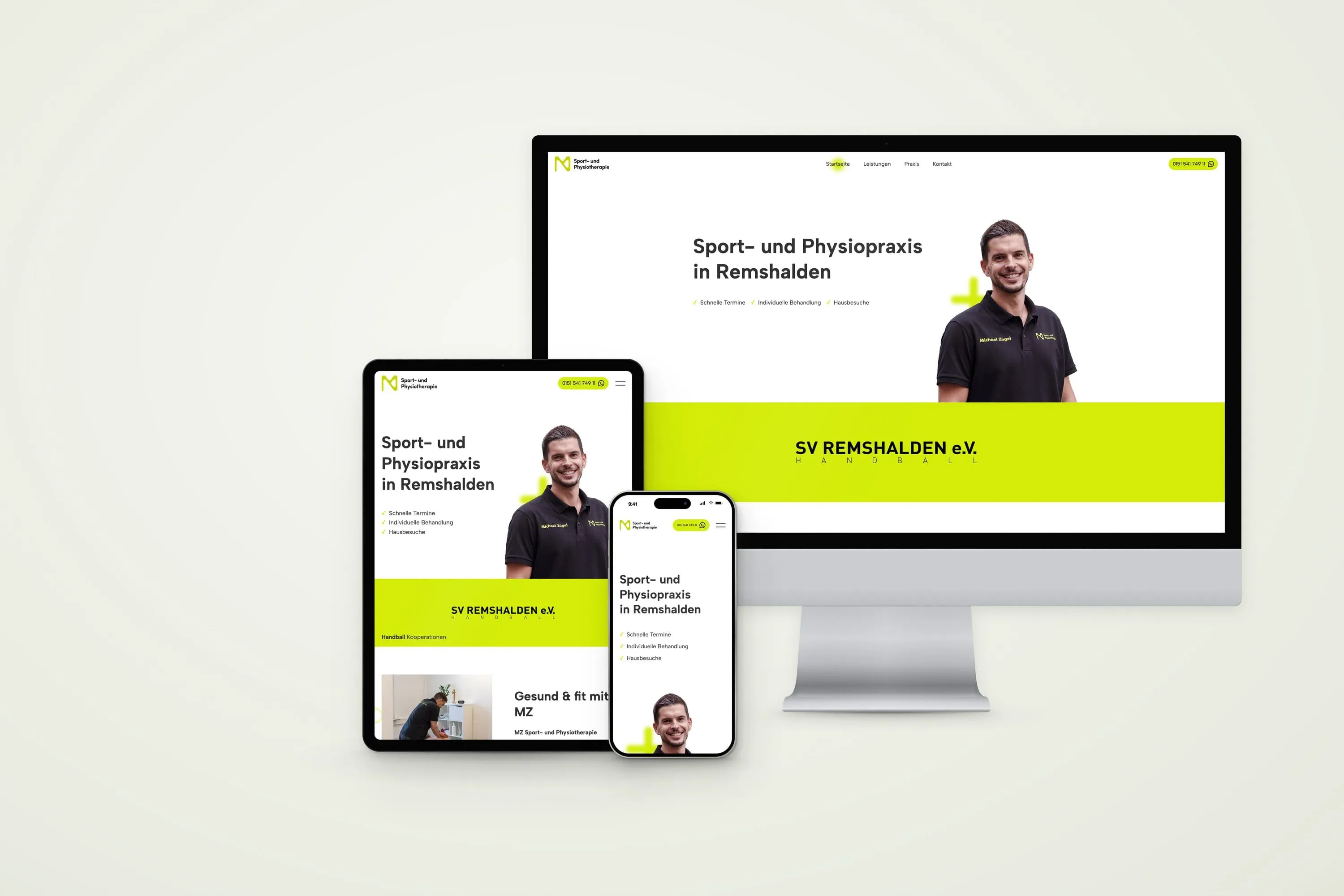 Website von MZ Sport- und Physiotherapie auf Bildschirm, Tablet und Handy, Startseite mit Michael Zügel und dem Titel Sport- und Physiopraxis in Remshalden