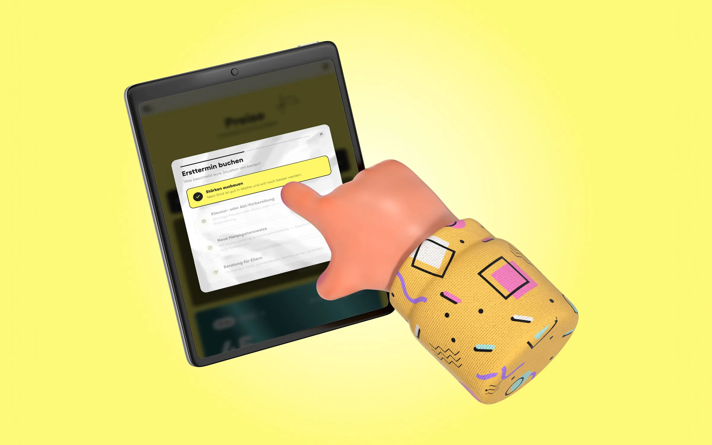 Ein Finger tippt auf dem Tablet auf „Ersttermin buchen“ bei Tillmann Brandt
