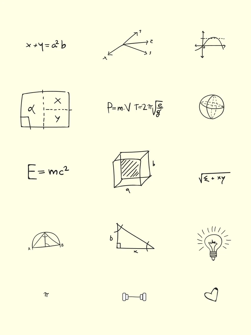 Handgezeichnete Mathe-Icons: Formeln, Würfel, Dreieck, Glühbirne, Herz