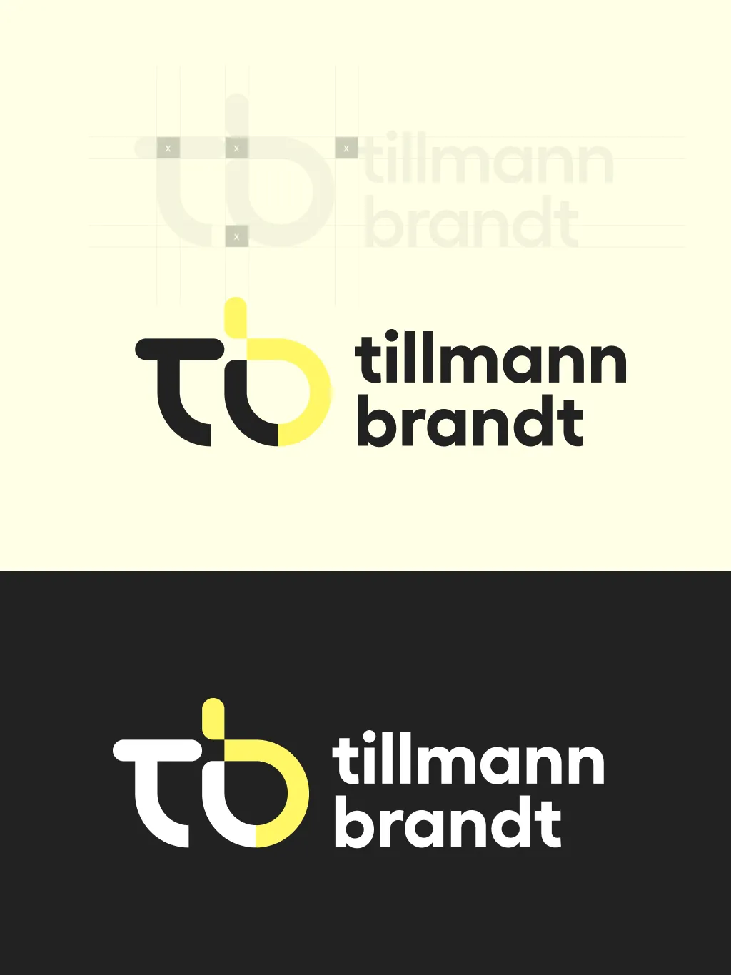 Wortmarke tillmann brandt mit dem tb-Zeichen, auf Creme und auf Schwarz