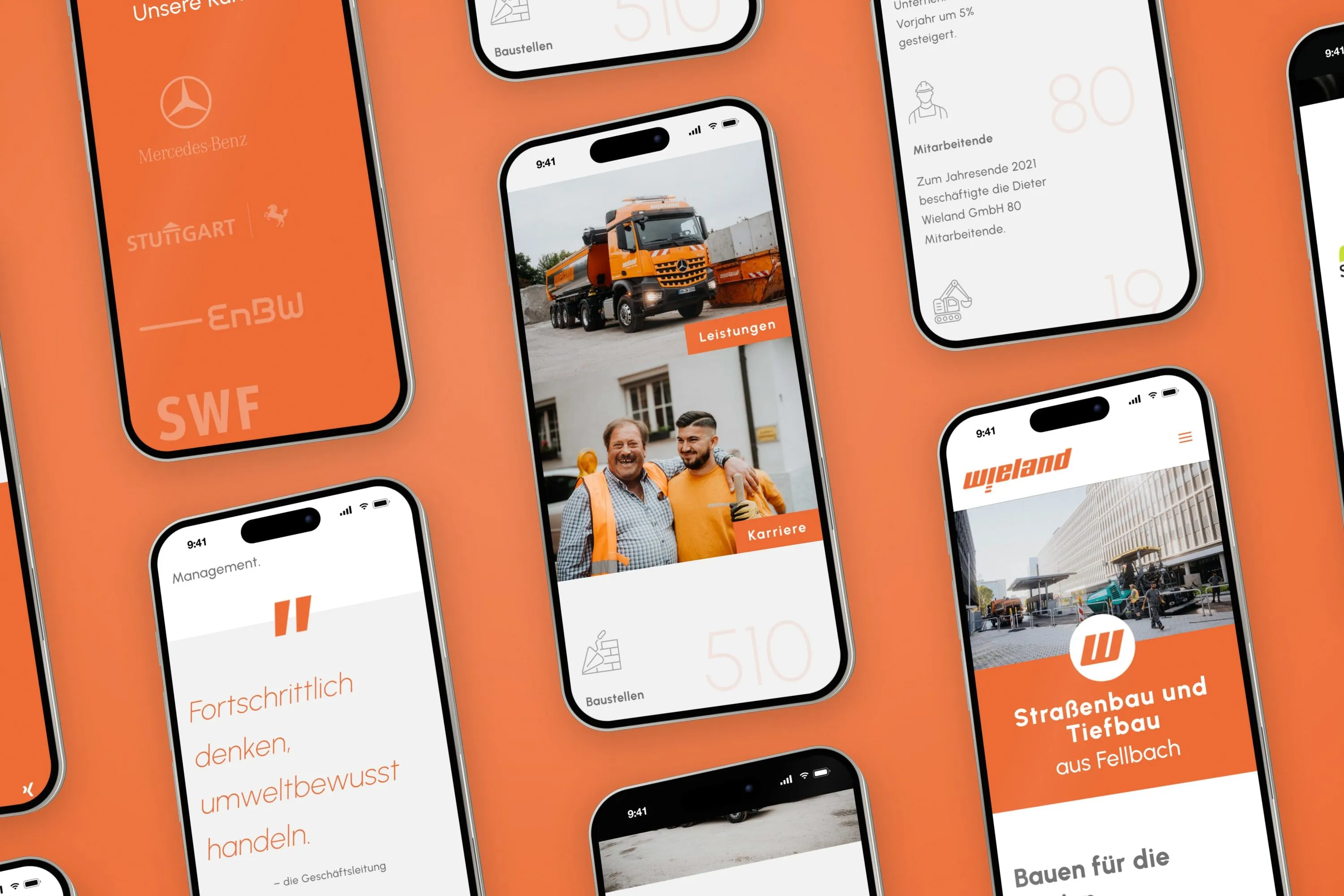Mehrere Handys auf orangem Grund mit Ausschnitten der Wieland-Website, darunter Startseite, Zitat der Geschäftsleitung, Zahlen zu Mitarbeitenden, Kundenlogos und das w im Kreis